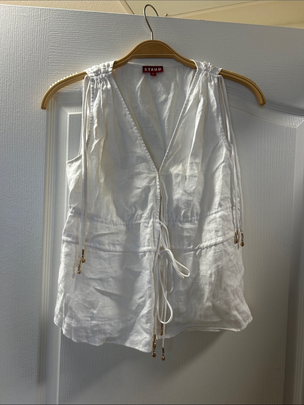 STAUD White Linen V-Neck Drawstring Camisole